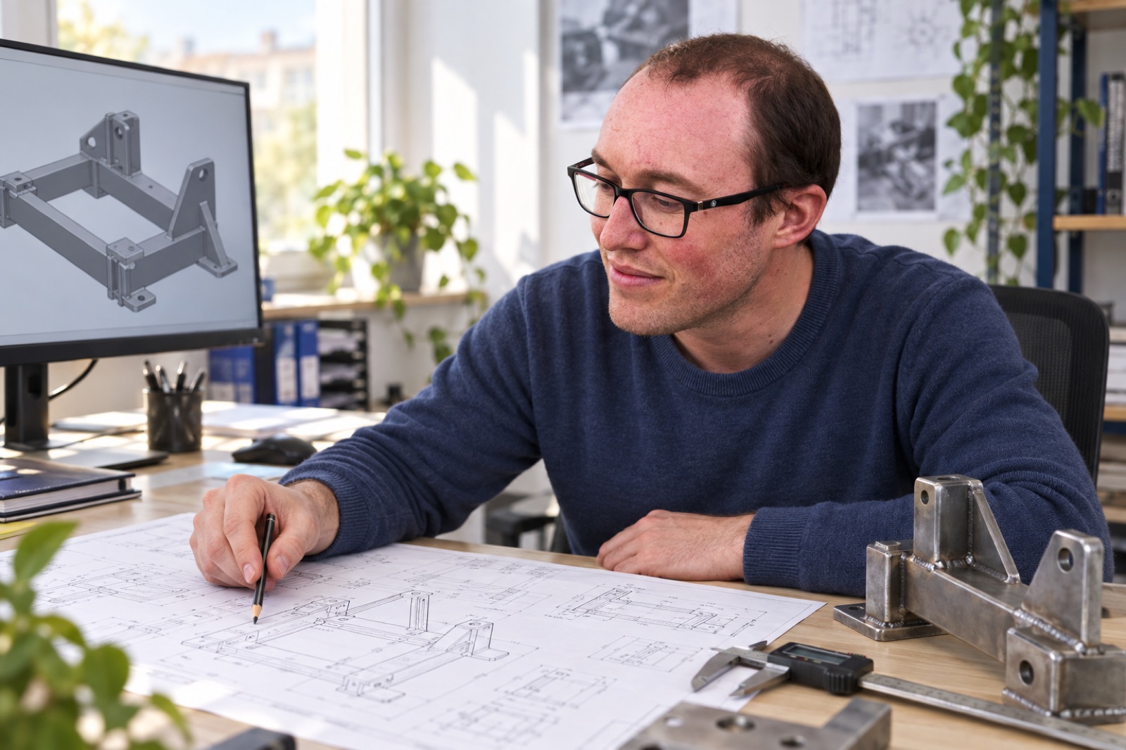 Paul Bichat étudie un modèle mécanique et ses plans